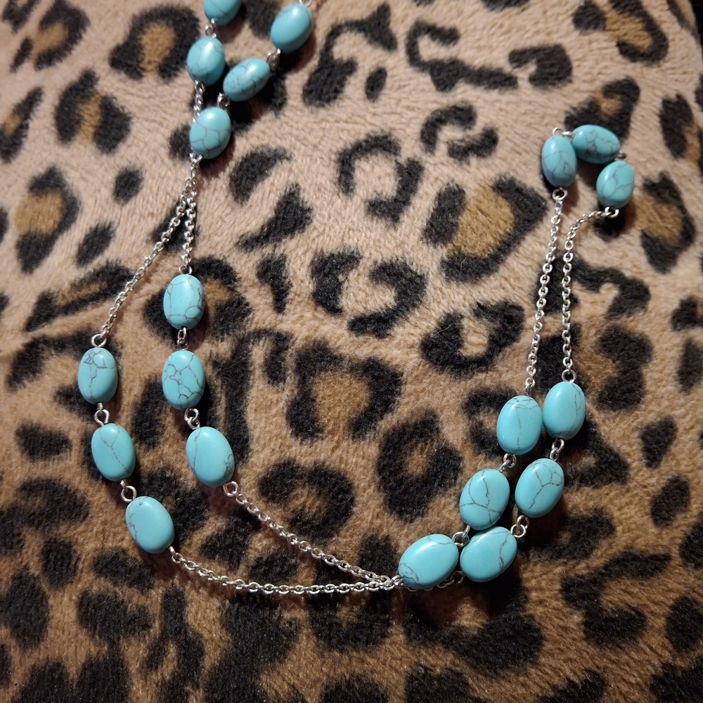 Turquoise Beaded Necklace with Silver Chain
